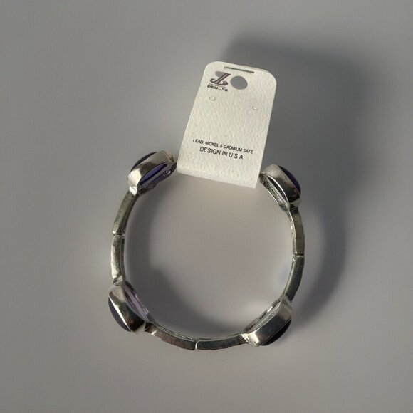 JL Designs Purple Silvertone Stretch Bracelet Rectangle Bangle Costume Jewelry - Picture 9 of 12